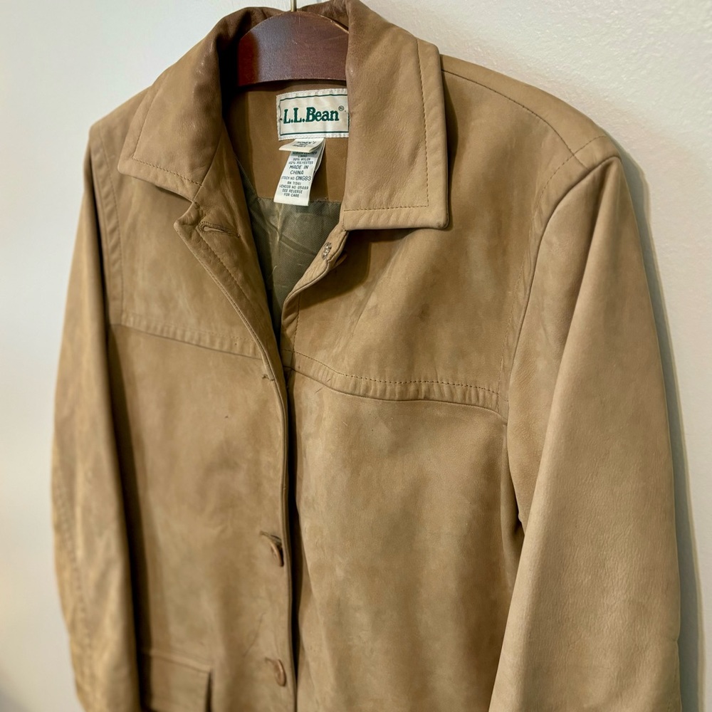 LL Bean Chore Jacket, Cow Nubuck Leather, Small Size, Green Tag Coat Tan